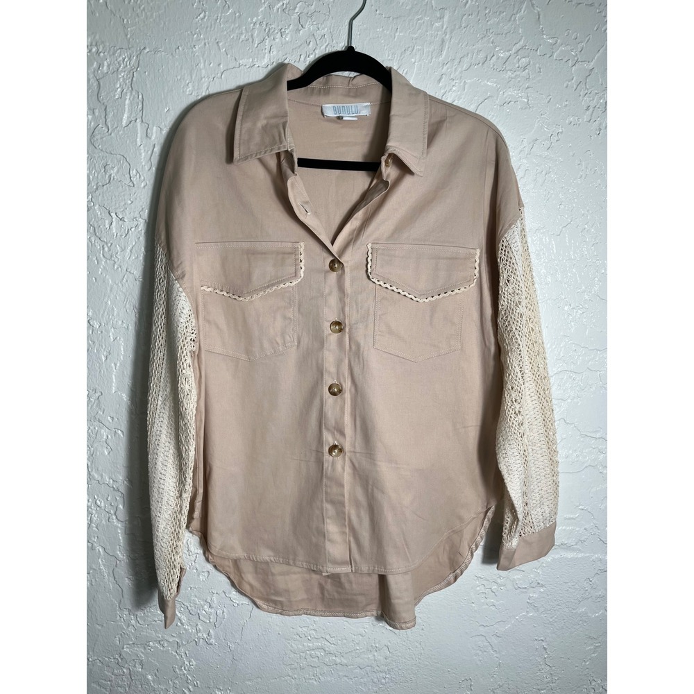 BUNULU Lace Sleeve Button Up Blouse Large Boho Cottagecore Western‎ Top